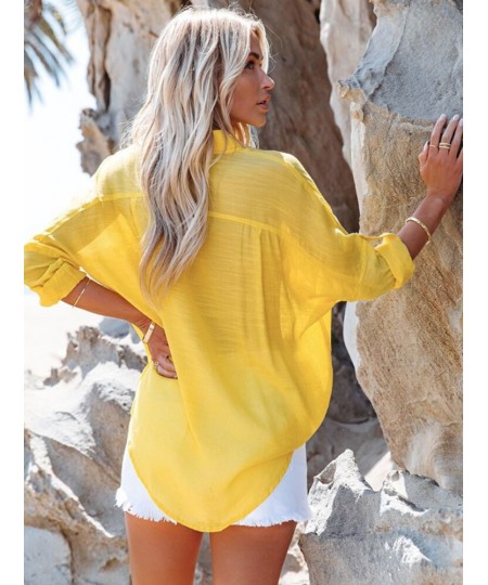 Beach Shirts Summer Women Bikini Cover Up Solid Turn Down Collar Pockets Holiday Bathing Suits Beachwear $35.07 - Swimsuit