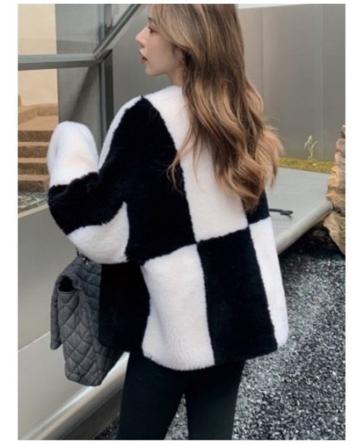 Autumn Winter New 2022 Checkerboard Wool Grain Fleece Lamb Fur Coat Women Sheep Sheared Faux Fur Coat $95.38 - Jackets & Coats