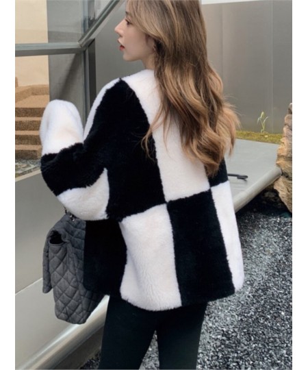 Autumn Winter New 2022 Checkerboard Wool Grain Fleece Lamb Fur Coat Women Sheep Sheared Faux Fur Coat $95.38 - Jackets & Coats