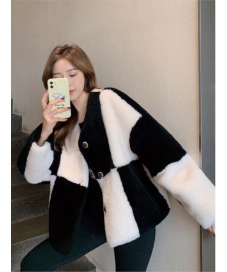 Autumn Winter New 2022 Checkerboard Wool Grain Fleece Lamb Fur Coat Women Sheep Sheared Faux Fur Coat $95.38 - Jackets & Coats