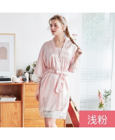 Women Sexy Silk Dressing Elegant Lace With Belt Pink And White Bath Robe Femme Nightwear Sexy Solid Color Female Bathrobes $3...