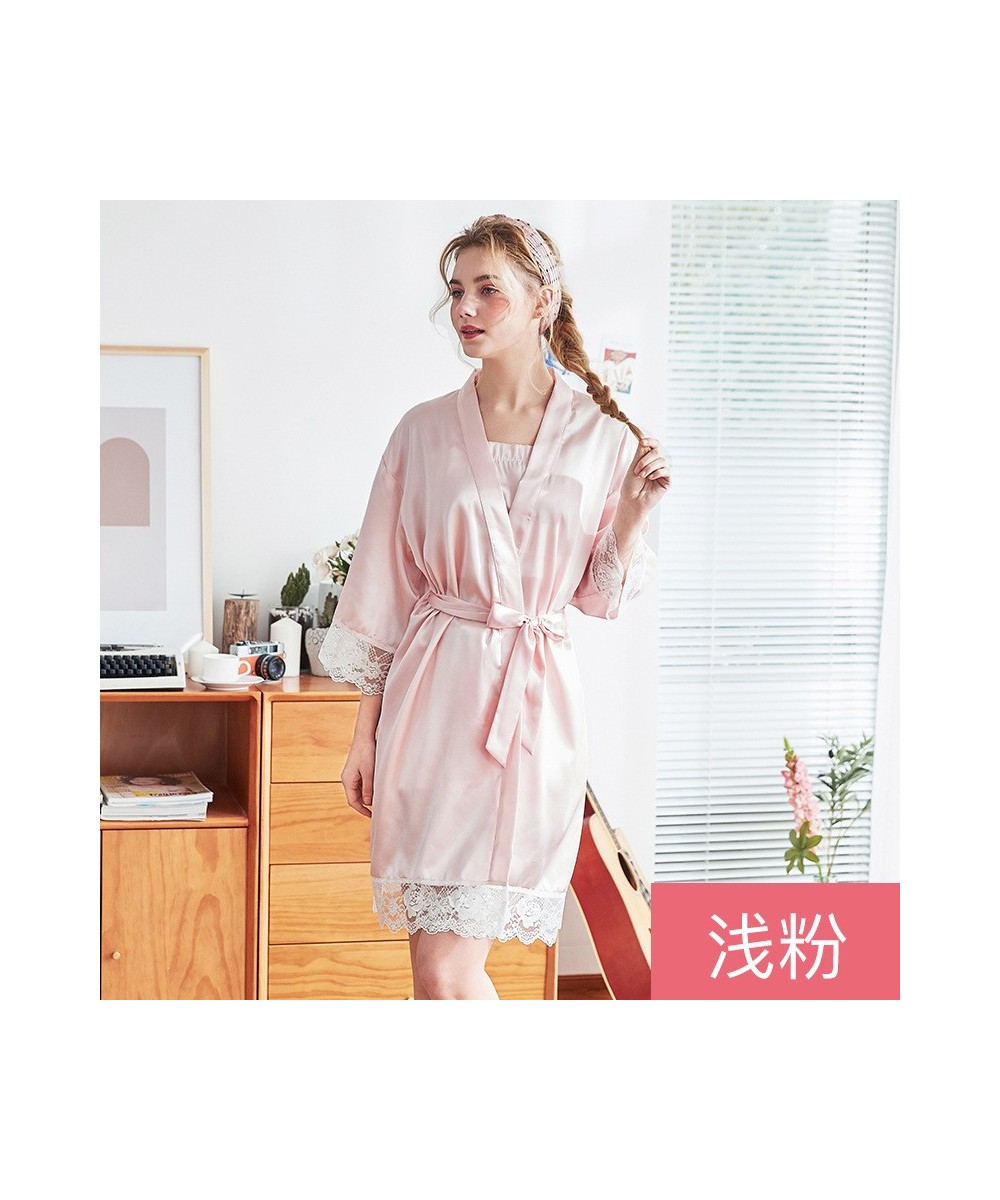 Women Sexy Silk Dressing Elegant Lace With Belt Pink And White Bath Robe Femme Nightwear Sexy Solid Color Female Bathrobes $3...