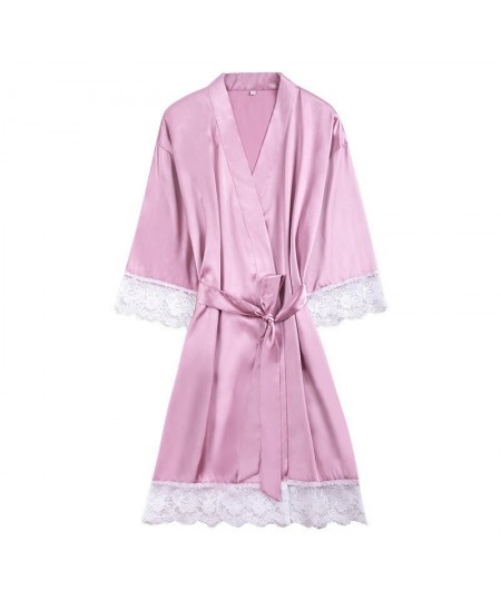 Women Sexy Silk Dressing Elegant Lace With Belt Pink And White Bath Robe Femme Nightwear Sexy Solid Color Female Bathrobes $3...