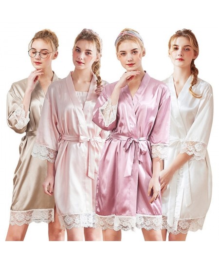 Women Sexy Silk Dressing Elegant Lace With Belt Pink And White Bath Robe Femme Nightwear Sexy Solid Color Female Bathrobes $3...