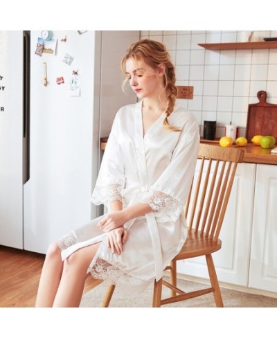 Women Sexy Silk Dressing Elegant Lace With Belt Pink And White Bath Robe Femme Nightwear Sexy Solid Color Female Bathrobes $3...