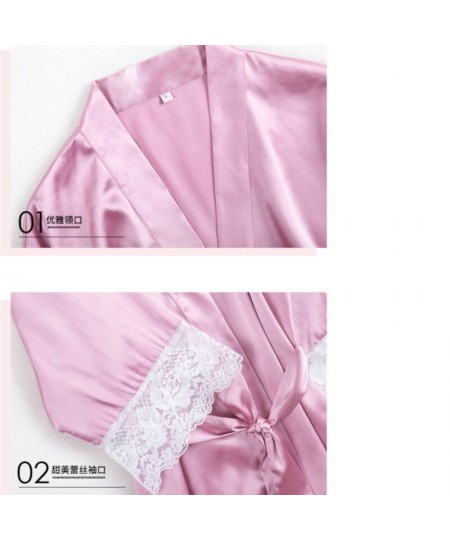 Women Sexy Silk Dressing Elegant Lace With Belt Pink And White Bath Robe Femme Nightwear Sexy Solid Color Female Bathrobes $3...