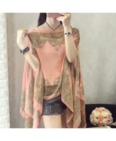 Women Blouses Summer Top Slash Neck Irregular Hollow Out Casual Chiffon Shirt Beachwear Cover up Loose Printing Sun-proof $23...