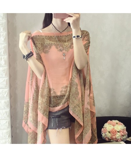 Women Blouses Summer Top Slash Neck Irregular Hollow Out Casual Chiffon Shirt Beachwear Cover up Loose Printing Sun-proof $23...