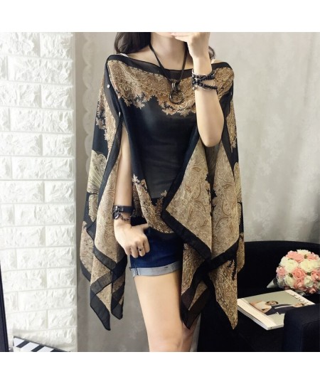 Women Blouses Summer Top Slash Neck Irregular Hollow Out Casual Chiffon Shirt Beachwear Cover up Loose Printing Sun-proof $23...