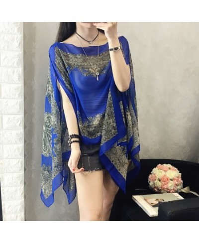 Women Blouses Summer Top Slash Neck Irregular Hollow Out Casual Chiffon Shirt Beachwear Cover up Loose Printing Sun-proof $23...