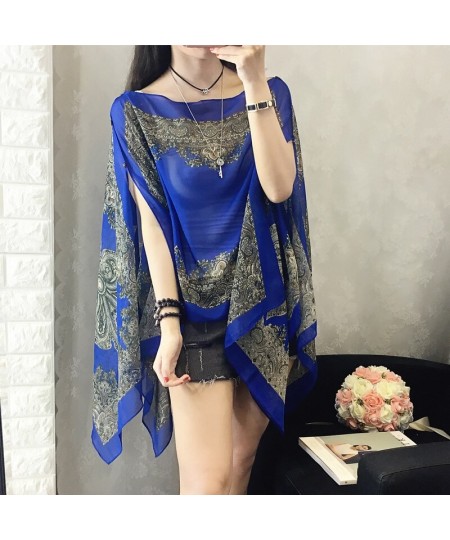 Women Blouses Summer Top Slash Neck Irregular Hollow Out Casual Chiffon Shirt Beachwear Cover up Loose Printing Sun-proof $23...