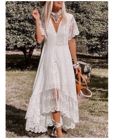 White Maxi Dress Women Summer Bohemian Long Beach Sundress Ladies Hollow out Short Sleeve V-neck Holiday Dress Robe Longue $5...