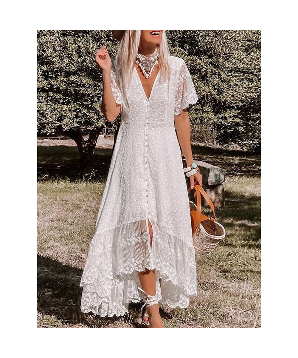 White Maxi Dress Women Summer Bohemian Long Beach Sundress Ladies Hollow out Short Sleeve V-neck Holiday Dress Robe Longue $5...