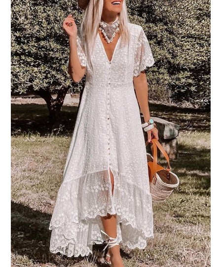 White Maxi Dress Women Summer Bohemian Long Beach Sundress Ladies Hollow out Short Sleeve V-neck Holiday Dress Robe Longue $5...