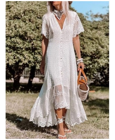 White Maxi Dress Women Summer Bohemian Long Beach Sundress Ladies Hollow out Short Sleeve V-neck Holiday Dress Robe Longue $5...