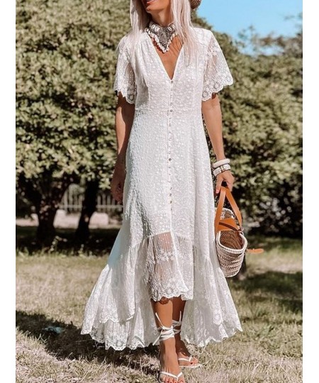 White Maxi Dress Women Summer Bohemian Long Beach Sundress Ladies Hollow out Short Sleeve V-neck Holiday Dress Robe Longue $5...