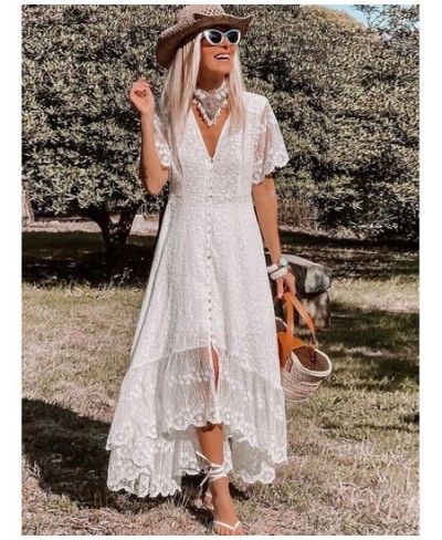 White Maxi Dress Women Summer Bohemian Long Beach Sundress Ladies Hollow out Short Sleeve V-neck Holiday Dress Robe Longue $5...