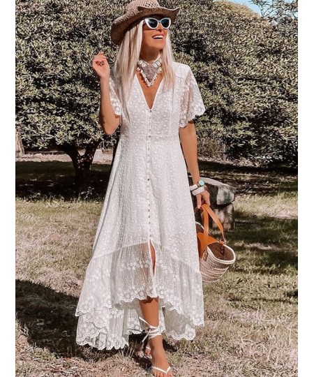 White Maxi Dress Women Summer Bohemian Long Beach Sundress Ladies Hollow out Short Sleeve V-neck Holiday Dress Robe Longue $5...