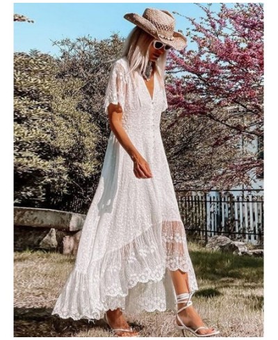 White Maxi Dress Women Summer Bohemian Long Beach Sundress Ladies Hollow out Short Sleeve V-neck Holiday Dress Robe Longue $5...