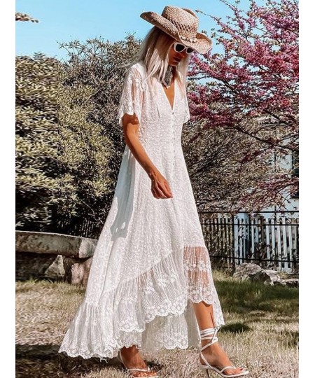 White Maxi Dress Women Summer Bohemian Long Beach Sundress Ladies Hollow out Short Sleeve V-neck Holiday Dress Robe Longue $5...