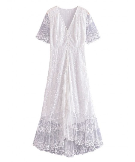 White Maxi Dress Women Summer Bohemian Long Beach Sundress Ladies Hollow out Short Sleeve V-neck Holiday Dress Robe Longue $5...