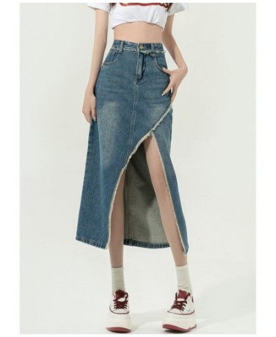 DEEPTOWN Denim Slit Skirt Korean Fashion Women High Waist Straight Split Raw Edge Slim Jean Long Skirt Vintage Streetwear Gir...