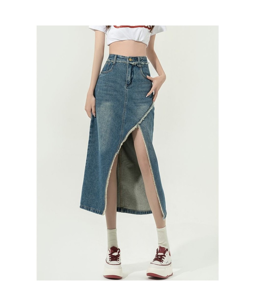 DEEPTOWN Denim Slit Skirt Korean Fashion Women High Waist Straight Split Raw Edge Slim Jean Long Skirt Vintage Streetwear Gir...