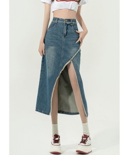 DEEPTOWN Denim Slit Skirt Korean Fashion Women High Waist Straight Split Raw Edge Slim Jean Long Skirt Vintage Streetwear Gir...