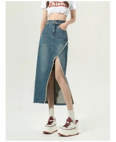 DEEPTOWN Denim Slit Skirt Korean Fashion Women High Waist Straight Split Raw Edge Slim Jean Long Skirt Vintage Streetwear Gir...