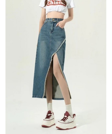 DEEPTOWN Denim Slit Skirt Korean Fashion Women High Waist Straight Split Raw Edge Slim Jean Long Skirt Vintage Streetwear Gir...