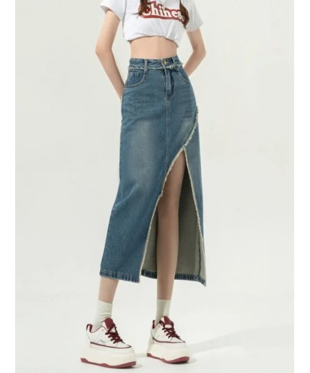 DEEPTOWN Denim Slit Skirt Korean Fashion Women High Waist Straight Split Raw Edge Slim Jean Long Skirt Vintage Streetwear Gir...