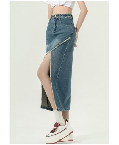 DEEPTOWN Denim Slit Skirt Korean Fashion Women High Waist Straight Split Raw Edge Slim Jean Long Skirt Vintage Streetwear Gir...