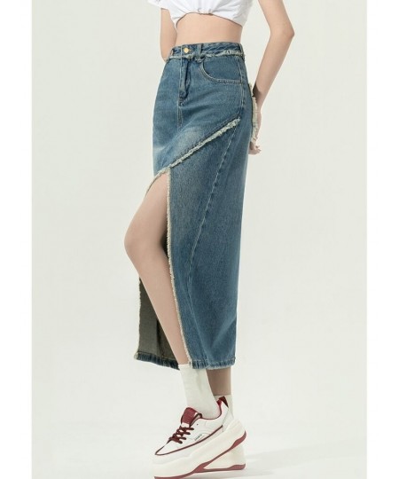 DEEPTOWN Denim Slit Skirt Korean Fashion Women High Waist Straight Split Raw Edge Slim Jean Long Skirt Vintage Streetwear Gir...