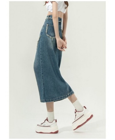 DEEPTOWN Denim Slit Skirt Korean Fashion Women High Waist Straight Split Raw Edge Slim Jean Long Skirt Vintage Streetwear Gir...