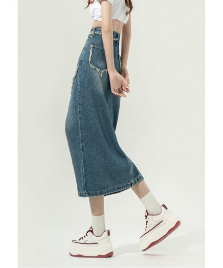 DEEPTOWN Denim Slit Skirt Korean Fashion Women High Waist Straight Split Raw Edge Slim Jean Long Skirt Vintage Streetwear Gir...