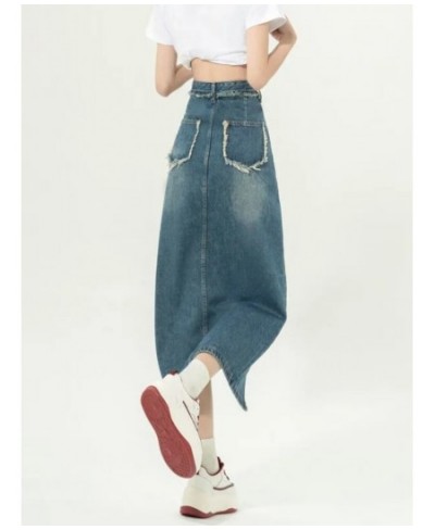 DEEPTOWN Denim Slit Skirt Korean Fashion Women High Waist Straight Split Raw Edge Slim Jean Long Skirt Vintage Streetwear Gir...