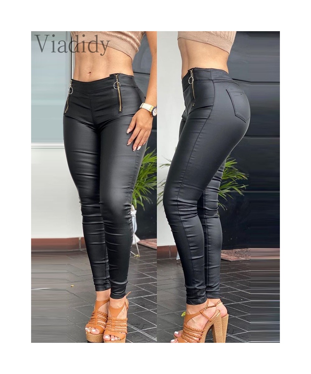 Women Faux PU Leather Pencil Pant Zipper Pocket Design Skinny Pants $42.25 - Bottoms