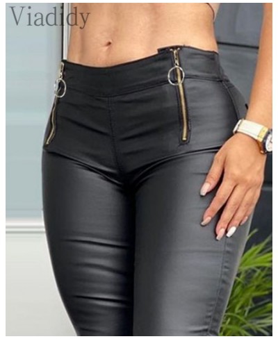 Women Faux PU Leather Pencil Pant Zipper Pocket Design Skinny Pants $42.25 - Bottoms