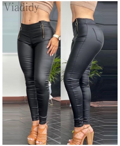 Women Faux PU Leather Pencil Pant Zipper Pocket Design Skinny Pants $42.25 - Bottoms