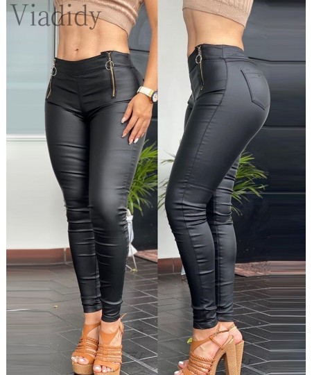 Women Faux PU Leather Pencil Pant Zipper Pocket Design Skinny Pants $42.25 - Bottoms