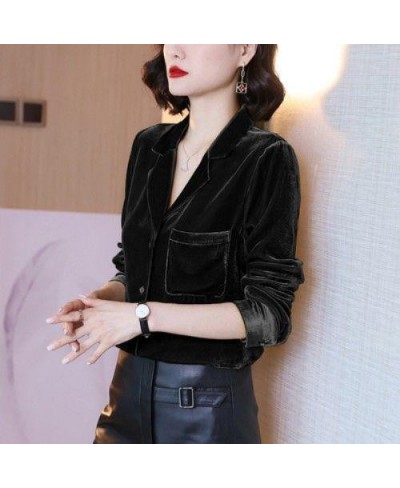 Womens Tops And Blouses Golden Velvet Retro Outwear Casual Notched Solid Color Long Sleeve Comfort Plus Size Shirt $33.26 - B...