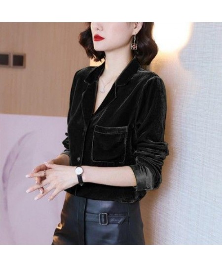 Womens Tops And Blouses Golden Velvet Retro Outwear Casual Notched Solid Color Long Sleeve Comfort Plus Size Shirt $33.26 - B...