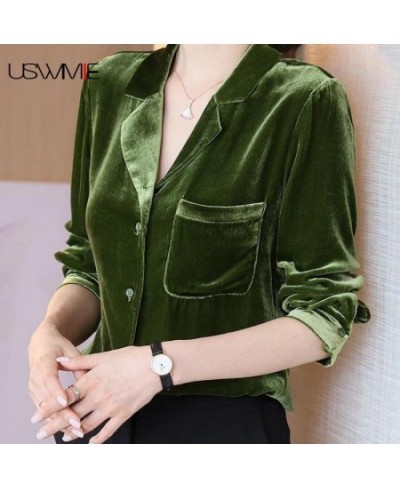 Womens Tops And Blouses Golden Velvet Retro Outwear Casual Notched Solid Color Long Sleeve Comfort Plus Size Shirt $33.26 - B...