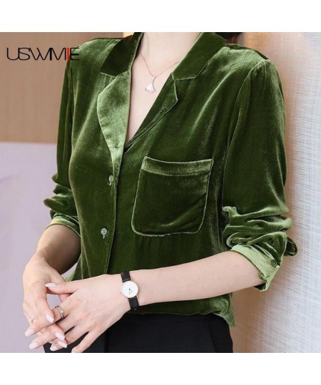 Womens Tops And Blouses Golden Velvet Retro Outwear Casual Notched Solid Color Long Sleeve Comfort Plus Size Shirt $33.26 - B...