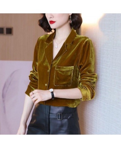 Womens Tops And Blouses Golden Velvet Retro Outwear Casual Notched Solid Color Long Sleeve Comfort Plus Size Shirt $33.26 - B...