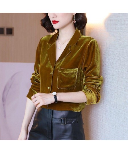 Womens Tops And Blouses Golden Velvet Retro Outwear Casual Notched Solid Color Long Sleeve Comfort Plus Size Shirt $33.26 - B...