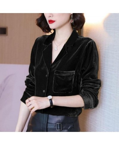 Womens Tops And Blouses Golden Velvet Retro Outwear Casual Notched Solid Color Long Sleeve Comfort Plus Size Shirt $33.26 - B...