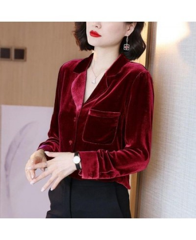 Womens Tops And Blouses Golden Velvet Retro Outwear Casual Notched Solid Color Long Sleeve Comfort Plus Size Shirt $33.26 - B...