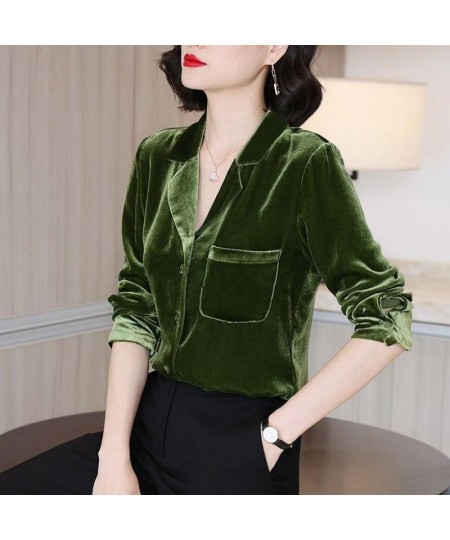 Womens Tops And Blouses Golden Velvet Retro Outwear Casual Notched Solid Color Long Sleeve Comfort Plus Size Shirt $33.26 - B...