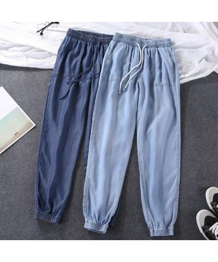 Summer Thin Women Pants Loose Jeans Harem Pants Tie Feet High Elastic Waist Trousers Plus Size Soft Cool Off Female Denim Pan...